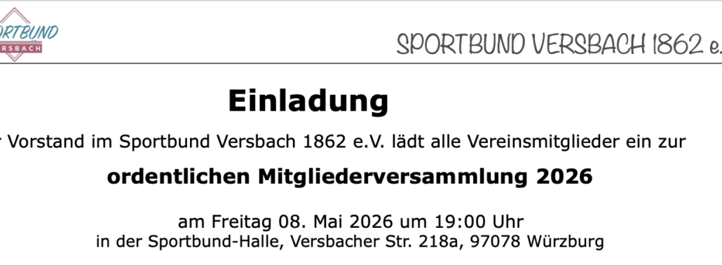 Bildtext: Einladung zur ordentlichen Mitgliederversammlung am #Freitag, 08.05.2026 um 19:00 Uhr in der Sportbund-Halle, Versbacher Str. 218a, 97078 Würzburg