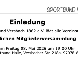 Bildtext: Einladung zur ordentlichen Mitgliederversammlung am #Freitag, 08.05.2026 um 19:00 Uhr in der Sportbund-Halle, Versbacher Str. 218a, 97078 Würzburg